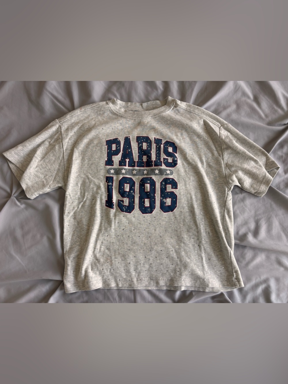 Zara Kids Paris 1986 Rhinestone Grey Short Sleeve T Shirt Size 9-10 Girls